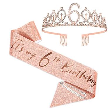 Imagem de Faixa e tiara de 6 anos para meninas, coroa de aniversário em ouro rosa 6 e faixa fabulosa para meninas, presentes de 6 anos para lembrancinhas de festa de 6 anos
