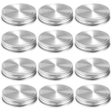 Imagem de Tampas de pote de aço inoxidável, 12 unidades de superfície polida, reutilizável e à prova de vazamento, tampas de armazenamento com vedações de silicone, 12-Pack Stainless Steel Lids(Regular Mouth)