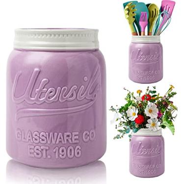 Imagem de Comfify Wide Mouth Mason Jar Utensil Holder Decorative Kitchenware Organiser Crock, Chip Resistant Ceramic, Dishwasher Safe - Kitchen Caddy Purple, Large Size 18cm High