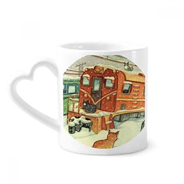 Imagem de Miaoji Caneca com pintura de gato e inverno Trem de neve Caneca de café cerâmica copo de coração de vidro