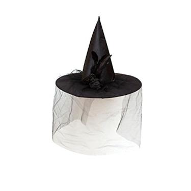 Imagem de PRETYZOOM Chapéu de bruxa de Halloween com flores e penas de cetim para festa de Halloween acessórios de cosplay (preto)