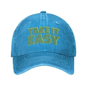 Imagem de Boné de beisebol vintage clássico Take It Easy Boné estruturado lavado para mulheres boné de caminhoneiro ajustável algodão azul, Azul, G