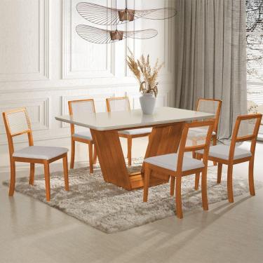 Imagem de Mesa Jantar Safira 160X90 Off White Com 6 Cadeiras Palha Em Linho Bege Telinha Madeira Maciça