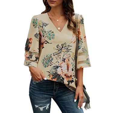 Imagem de Blusa de Chiffon Solta, Blusa Feminina de Chiffon Com Estampa Floral Refrescante Com Costura de Malha para Lazer (XL)