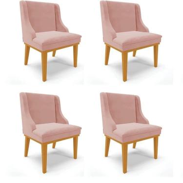 Imagem de Kit 4 Cadeiras Estofadas Para Sala De Jantar Base Fixa De Madeira Castanho Lia Veludo Rosê