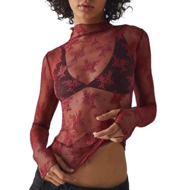 Imagem de Howstar Blusa feminina de malha, manga comprida, gola redonda, transparente, sexy, floral, transparente, B3 vinho, M