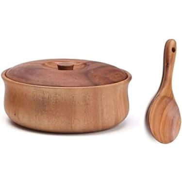 Imagem de Tigela de salada de madeira com tampa e colher, tigela de madeira de acácia para salada de frutas cereais massa de floco de milho, tigela de servir comida, decoração, festa-, grande