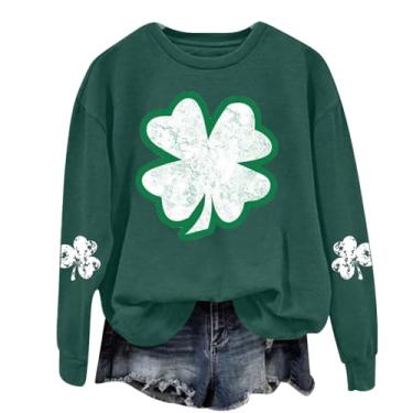 Imagem de Camiseta feminina do Dia de São Patrício na moda irlandesa gola redonda manga longa trevo bonito engraçado moletom gráfico grande trevo, Verde, XXG