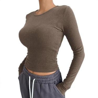 Imagem de Blusa feminina moderna sexy com ombros de fora, caimento justo, manga comprida, assimétrico, cropped Y2K, justa, franzida, Marrom, G