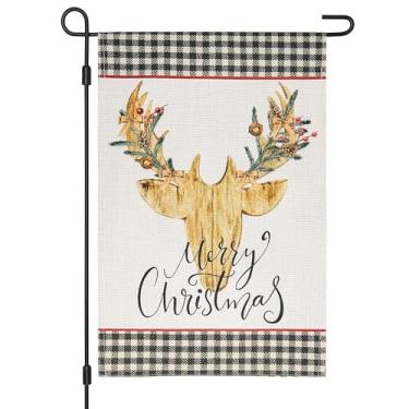 Imagem de Vigor Home Feliz Natal Rena Bandeira de Jardim Dupla Face 30 × 45 cm, Veado Búfalo Xadrez Xadrez Decorações de Natal Exterior, Jardim Rústico de Inverno Varanda Gramado Decoração de Casa de Fazenda para Férias