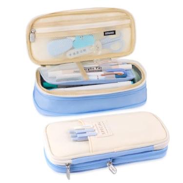 Imagem de iSuperb Estojo de lápis dobrável com zíper de lona estética de grande capacidade compartimentos organizadores de papelaria bolsa de canetas para crianças, meninas, meninos, adolescentes, crianças,