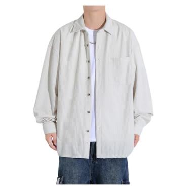 Imagem de Camisa masculina casual de veludo cotelê de cor sólida, manga comprida, camisa de trabalho com bolso de botão, Bege, 3G
