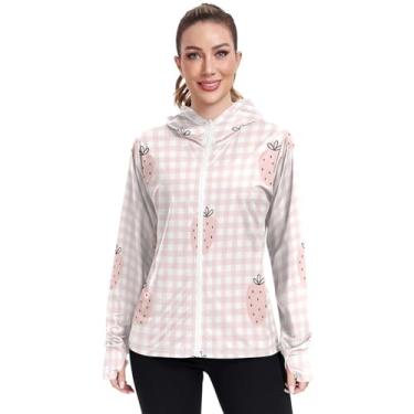 Imagem de KLL Moletom feminino com capuz para academia, camisetas de corrida, proteção FPS 50+, morango, xadrez, rosa, Rosa xadrez morango, P