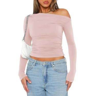 Imagem de LOMON Blusa feminina de manga comprida com ombros de fora para sair camiseta sexy primavera franzida roupas Y2K, rosa, GG