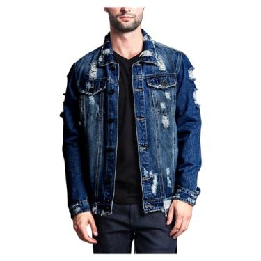 Imagem de Jaqueta jeans masculina cor sólida rasgada com buracos desgastados casaco jeans casual streetwear, Azul-escuro, G