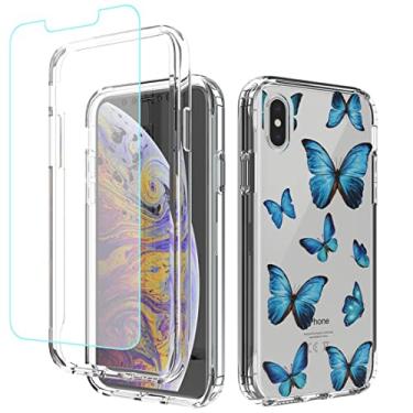 Imagem de sidande Capa para iPhone Xs, capa para iPhone X, com protetor de tela de vidro temperado, capa protetora fina de TPU floral transparente para Apple iPhone Xs/X de 5,8 polegadas (borboleta)