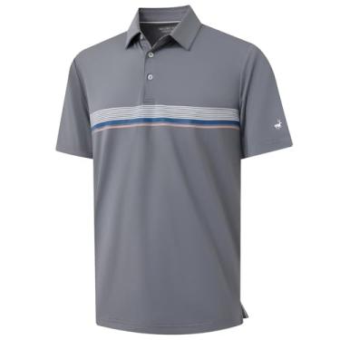 Imagem de Rouen Camisa polo masculina, manga curta, ajuste seco, leve, sem rugas, casual, atlética, listrada, camiseta de golfe masculina, Cinza claro, 3G
