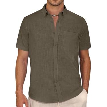 Imagem de Alimens & Gentle Camisa masculina de linho de manga curta casual de algodão com colarinho camisas de praia de verão, Bronzeado, GG