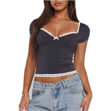 Imagem de Camiseta feminina cropped de manga curta gola redonda com acabamento em linha de renda ajuste sexy P-GG, Cinza, GG