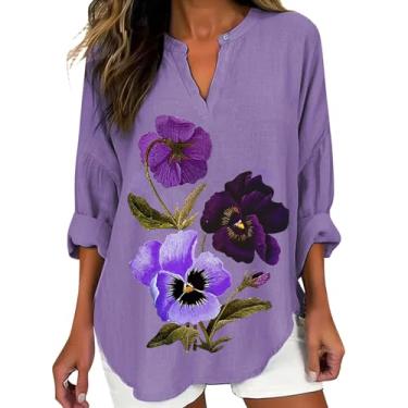 Imagem de Camisetas femininas Alzheimers Awareness de linho, gola V, estampa de flores roxas, blusas modernas para sair, Roxo claro, G