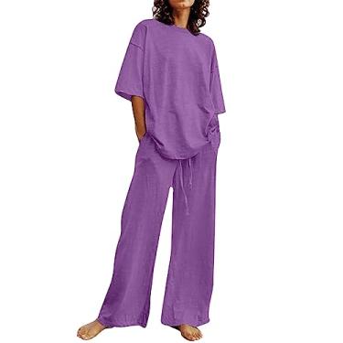 Imagem de Conjunto de duas peças de linho feminino casual de verão plus size, camisas de manga curta, tops grandes, algodão, pernas largas, conjunto de roupa de descanso, Zb1-roxo, Medium
