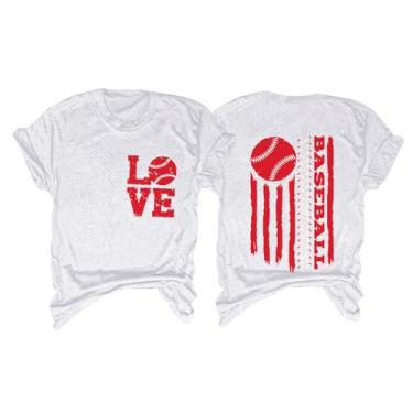 Imagem de Camiseta feminina de beisebol PKDong Love com estampa da bandeira americana com letras fofas camisetas de beisebol de manga curta para mulheres, Branco, P
