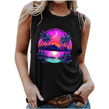 Imagem de MaMiDay Camiseta regata feminina com estampa de palmeira, verão, casual, solta, para férias na praia, sem mangas, gola redonda, Preto, GG