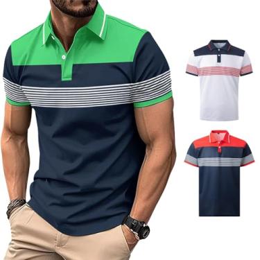 Imagem de 3 pçs/conjunto camisa polo masculina color block listrado manga curta lapela golfe camiseta casual gola V, Verde + branco + vermelho, XXG