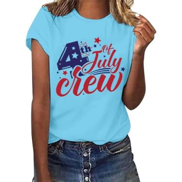 Imagem de Camisetas femininas Memorial Day com bandeira americana listras estrelas EUA manga curta gola redonda camiseta básica, Azul-celeste, XXG