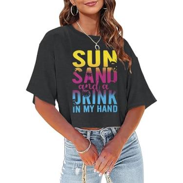 Imagem de CAZYCHILD Camisetas havaianas femininas para sol, sal e areia, coqueiro, verão, praia, estampado, camiseta cropped casual, Cinza-escuro, P