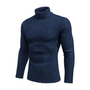 Imagem de Ekouaer Camisetas masculinas de gola rolê camisa de manga comprida térmica, leve, camada de base canelada, pulôver pulôver P-GGG, Azul marinho, P