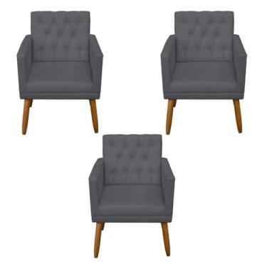 Imagem de Kit 3 Poltronas Capitone Decorativa para Sala de Estar Recepção Sala de Espera estofada pés palito madeira MOBLAN Decor (Cinza)