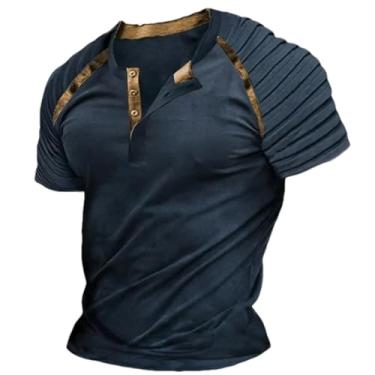 Imagem de Camiseta masculina casual primavera verão manga curta plissado gola Henley patchwork listrada, Dx-3 azul-marinho, PP