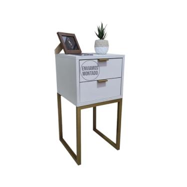 Imagem de Mesa De Cabeceira Industrial Eco 30cm com 2 Gavetas e Base De Ferro Para Quarto Lateral Da Cama Escritório (Base Dourada / Dourado, Off-White)