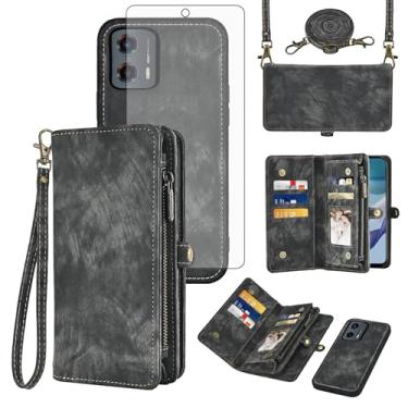 Imagem de Asuwish Capa de celular para Motorola Moto G 5G 2023 com zíper carteira magnética destacável com protetor de tela de vidro temperado alça transversal alça flip porta-cartão slot G5G G5 mulheres