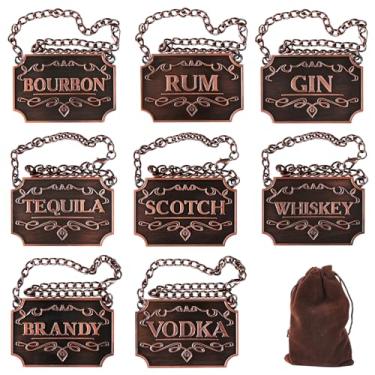 Imagem de Etiquetas de decantador de bebidas, conjunto de oito - uísque, tequila, bourbon, conhaque, gim, rum, vodka e uísque - cor de cobre com corrente ajustável serve para a maioria das garrafas