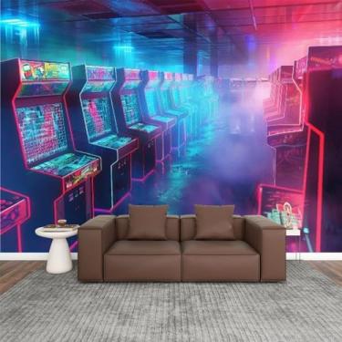Imagem de VGHUYEVOGERE Murais de papel de parede modernos 3D neon retrô fliperama anos 80 adesivos de parede de PVC autoadesivos removíveis para decoração de parede de quarto de crianças e crianças, 364 x 250