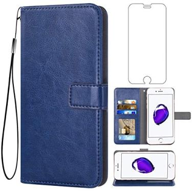 Imagem de Compatível com iPhone 7/8/SE 2020/2022 capa carteira de vidro temperado protetor de tela de couro com suporte de cartão para iPhone7 iPhone8 7s 8s i SE2020 SE2022 2/2nd/3/3ª geração SE2 SE3 azul