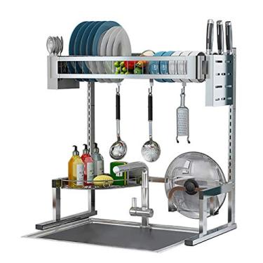 Imagem de Escorredor de louças sobre a pia em altura ajustável escorredor de pratos de aço inoxidável 304 prateleira de armazenamento multifuncional escorredor de louça organizador com suporte de utensílios