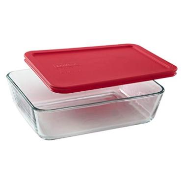 Imagem de PYREX - Recipientes Simply Store - 6 xícaras de vidro retangular, capa de plástico vermelho, armazenamento de alimentos (pacote com 4 recipientes)
