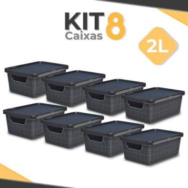 Imagem de Kit 8 Cesto Caixa Organizadora 2 Litros Preta C/ Tampa que Encaixa de 