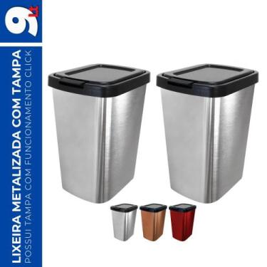 Imagem de Kit 2 Lixeira 9L Metalizado c/ Tampa Click Banheiro Cozinha - Arqplast