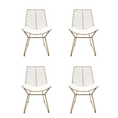 Imagem de Kit 4 Cadeiras Cozinha Bertoia Retrô cor Dourado fosco assento branco 