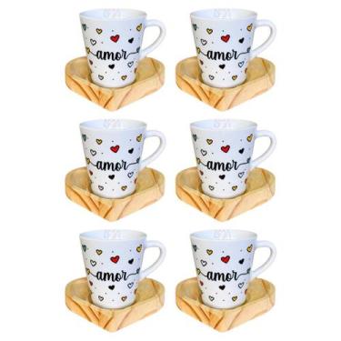 Imagem de Kit 6 Xícaras Amor 120 ml C/ Pires De Madeira Coração - Porcelana AMA