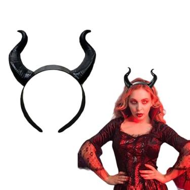 Imagem de mdgfge Tiara de chifre de boi de Halloween preta gótica com argola para cabeça de chifre do diabo, acessórios de cabelo para mulheres, cosplay de Halloween, decoração de festa, Preto, 8.7*7.1inches