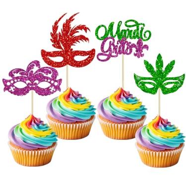 Imagem de Gyufise 24 peças de enfeite de cupcake de carnaval com glitter máscaras de cupcake decoração de palheta de cupcake festa de carnaval chá de bebê decorações de bolo de aniversário suprimentos de festa