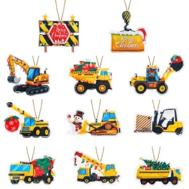 Imagem de Syhood 12 peças de enfeites de feltro de caminhão de Natal vintage 3D decoração de escavadeira decoração decorativa amarela para mini árvore de Natal fazenda feltro decoração de Natal, 12 estilos