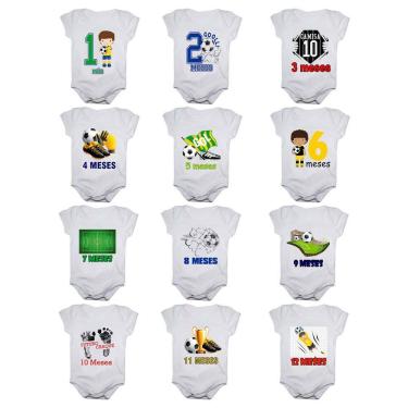 Imagem de Kit body bebê mesversario manga curta estampa futebol 12 bodies 1 a 12 meses