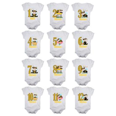 Imagem de Kit Body Bebê Mesversario Manga Curta Estampa Abelhinhas 12 Bodies 1 a 12 Meses