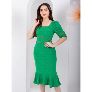 Imagem de Vestido Midi Justo Social Malha Lese Elegante Manga 3/4 Festa Casament